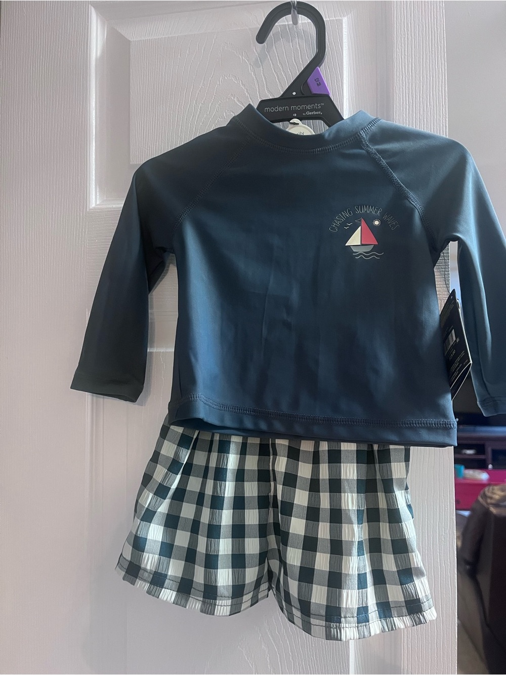 NWT 12 month Kids boys Navy Rash Guard Set with Plaid Swim Shorts